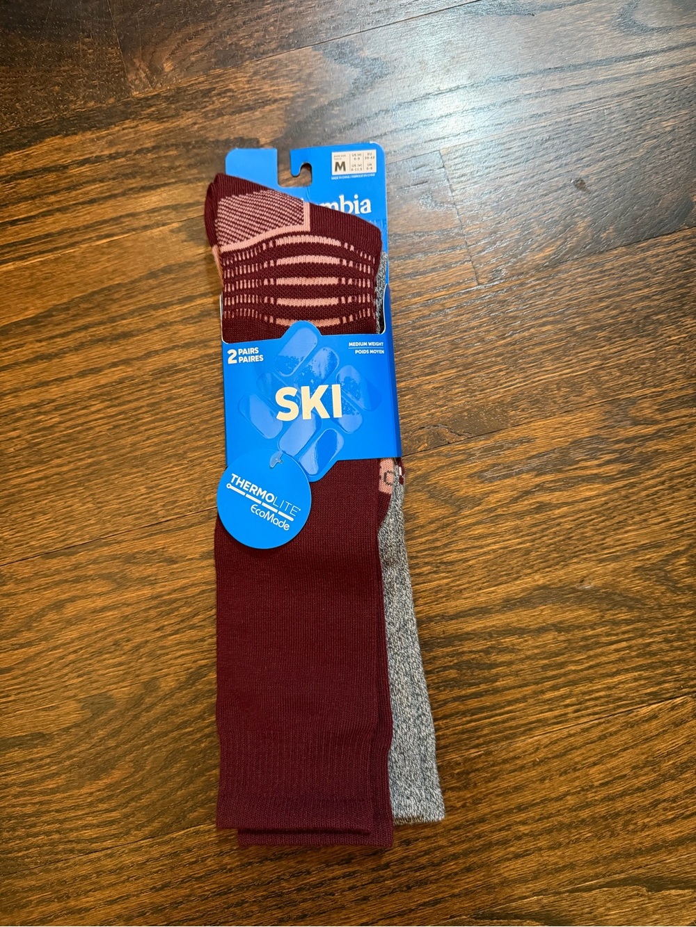 Columbia Ski Socks - Maroon & Grey (2-Pack) men’s size 6-9, women 8-11.5